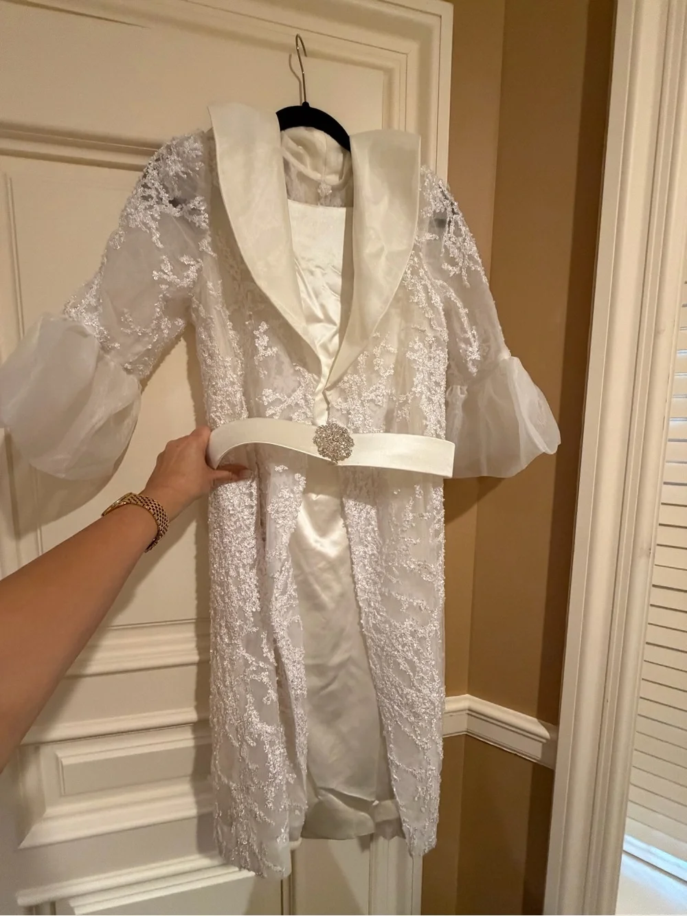 Girls White Beaded Lace Coat with Satin Belt